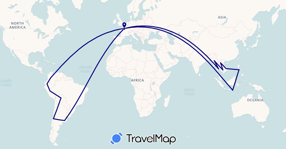 TravelMap itinerary: driving in Argentina, Bolivia, Chile, Colombia, Ecuador, France, Indonesia, Cambodia, Laos, Myanmar (Burma), Peru, Philippines, Thailand, Vietnam (Asia, Europe, South America)